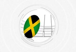 Jamaica flag on rugby ball, lined circle rugby icon with ball in a crowded stadium. vector