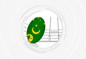 Cocos Islands flag on rugby ball, lined circle rugby icon with ball in a crowded stadium. vector