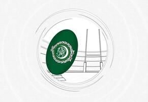 Arab League flag on rugby ball, lined circle rugby icon with ball in a crowded stadium. vector