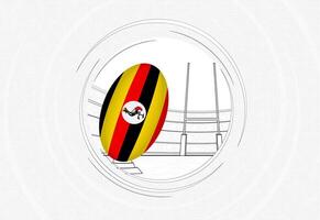 Uganda bandera en rugby pelota, forrado circulo rugby icono con pelota en un concurrido estadio. vector