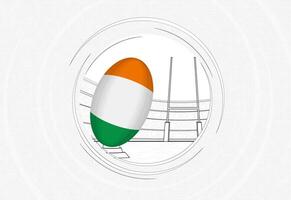 Ireland flag on rugby ball, lined circle rugby icon with ball in a crowded stadium. vector