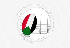 Sudan flag on rugby ball, lined circle rugby icon with ball in a crowded stadium. vector