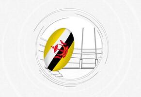 Brunei flag on rugby ball, lined circle rugby icon with ball in a crowded stadium. vector