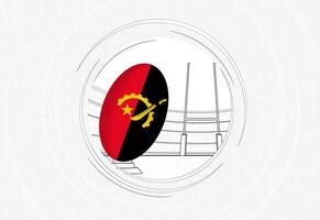 Angola flag on rugby ball, lined circle rugby icon with ball in a crowded stadium. vector
