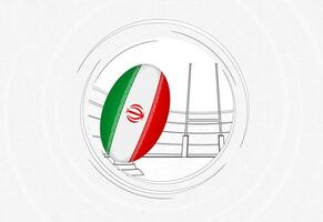 Iran flag on rugby ball, lined circle rugby icon with ball in a crowded stadium. vector