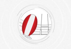 Austria flag on rugby ball, lined circle rugby icon with ball in a crowded stadium. vector