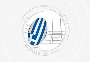 Greece flag on rugby ball, lined circle rugby icon with ball in a crowded stadium. vector