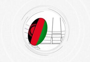 Malawi flag on rugby ball, lined circle rugby icon with ball in a crowded stadium. vector