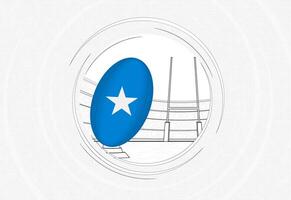 Somalia flag on rugby ball, lined circle rugby icon with ball in a crowded stadium. vector