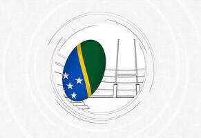 Solomon Islands flag on rugby ball, lined circle rugby icon with ball in a crowded stadium. vector