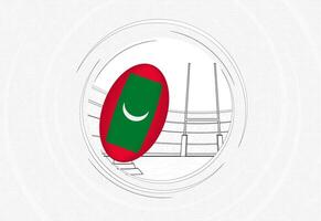 Maldives flag on rugby ball, lined circle rugby icon with ball in a crowded stadium. vector