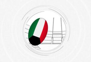 Kuwait flag on rugby ball, lined circle rugby icon with ball in a crowded stadium. vector