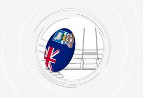 Falkland Islands flag on rugby ball, lined circle rugby icon with ball in a crowded stadium. vector