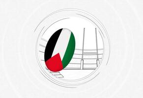 Palestine flag on rugby ball, lined circle rugby icon with ball in a crowded stadium. vector