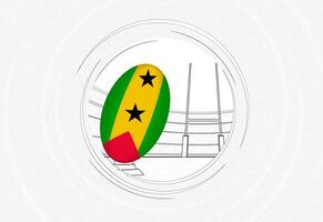 Sao Tome and Principe flag on rugby ball, lined circle rugby icon with ball in a crowded stadium. vector