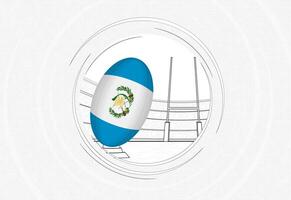 Guatemala flag on rugby ball, lined circle rugby icon with ball in a crowded stadium. vector