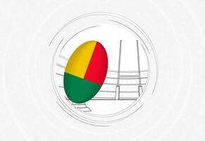 Benin flag on rugby ball, lined circle rugby icon with ball in a crowded stadium. vector