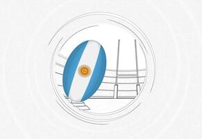 Argentina flag on rugby ball, lined circle rugby icon with ball in a crowded stadium. vector