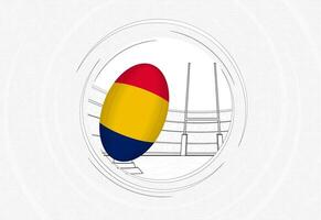 Chad flag on rugby ball, lined circle rugby icon with ball in a crowded stadium. vector