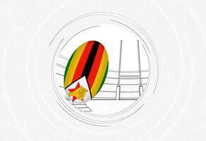 Zimbabwe flag on rugby ball, lined circle rugby icon with ball in a crowded stadium. vector