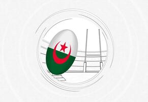 Algeria flag on rugby ball, lined circle rugby icon with ball in a crowded stadium. vector