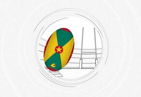 Grenada flag on rugby ball, lined circle rugby icon with ball in a crowded stadium. vector