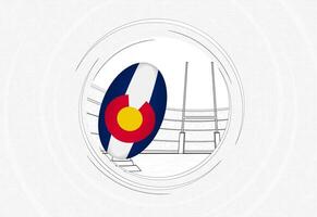 Colorado flag on rugby ball, lined circle rugby icon with ball in a crowded stadium. vector