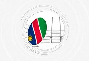 Namibia flag on rugby ball, lined circle rugby icon with ball in a crowded stadium. vector