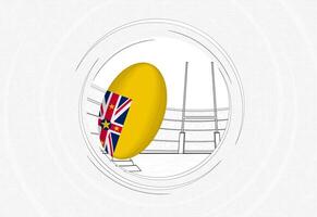 Niue flag on rugby ball, lined circle rugby icon with ball in a crowded stadium. vector