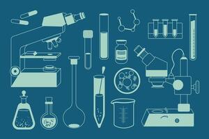 set of laboratory equipment. Medical instrument - microscope, flask, bottle, and other scientific elements. Simple styled outline illustration. vector