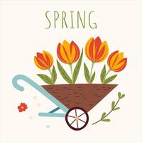 Spring composition for a card or postcard. Illustration with hand drawn decorative elements, isolated on white background. Cute flowers in a garden trolley. vector