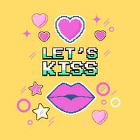 vamos Beso - píxel Arte ilustración. cuadrado regalo tarjeta o póster para San Valentín día, con corazones, estrellas y besos. retro estilo con neón colores. vector