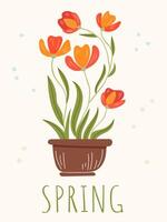 Spring composition for a card or postcard. Illustration with hand drawn decorative elements, isolated on white background. Cute flowers in a pot. vector