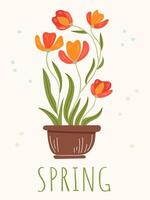 Spring composition for a card or postcard. Illustration with hand drawn decorative elements, isolated on white background. Cute flowers in a pot. vector