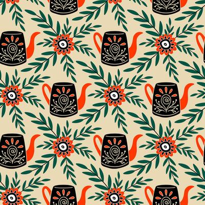Seamless pattern in vintage style. Teapot with ornament, floral elements. Folk mood. Faded colors, black and orange. illustration.