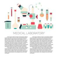 brochure design template of medical laboratory with chemical elements like microscope, pills, flask and other scientific equipment vector