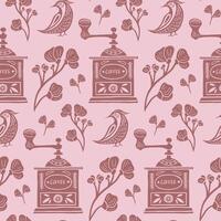 Seamless pattern with coffee illustrations in linocut style. Retro style of elements, consist coffee grinder and some floral elements vector