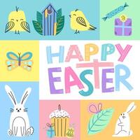 Happy easter square poster. Modern concept of collage with illustrations of rabbit, chicken, kulich, and other. Colorful happy graphic. vector