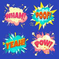 Set of speech bubbles - pow, poof, wham, yeah. Cartoon colorful explosions on halftone background vector