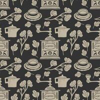 Seamless pattern with coffee illustrations in linocut style. Retro style of elements, consist coffee grinder and cup vector