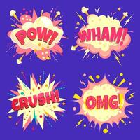 Set of speech bubbles - pow, poof, crush, yeah. Cartoon colorful explosions on halftone background vector