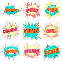 Big set of speech bubbles - pow, boom, poof, crush, bang, omg, wow, wham, yeah. Cartoon explosions isolated on white background. vector