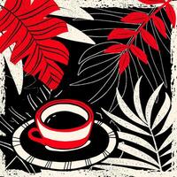 Grunge coffee illustration, square composition. Leaves and a cup in hand drawn style. Linocut, blockprint style. Limited pallete with black, red and white colors. vector