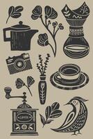 Coffee illustrations in linocut style. Retro style of elements, consist coffee grinder, pourover, cup, camera, bird and floral elements vector