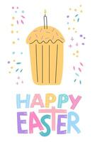 gift card with kulich. Happy easter quote in simple style. Bright and lovely colors on white background vector