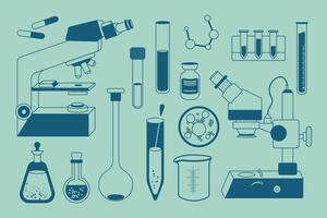 set of laboratory equipment. Medical instrument - microscope, flask, bottle, and other scientific elements. Simple styled outline illustration. vector