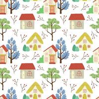 Cute seamless pattern with cartoon country houses and trees. Hand drawn illustration in a flat style. Doodle rustic landscape with trees. vector