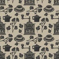 Seamless pattern with coffee illustrations in linocut style. Retro style of elements, consist coffee grinder and cup vector