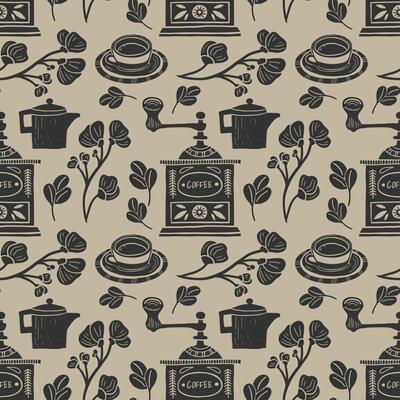 Seamless pattern with coffee illustrations in linocut style. Retro style of elements, consist coffee grinder and cup