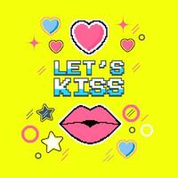 Let's kiss - pixel art illustration. Square gift card or poster for Valentine's day, with hearts, stars and kisses. Retro style with neon colors. vector